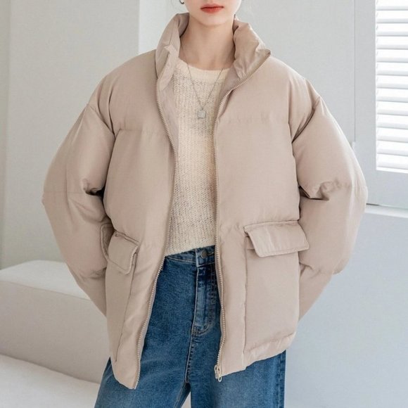 beige Zip up Drawstring Hem Flap Pocket Puffer Coat Comfy fall winter - Picture 7 of 8